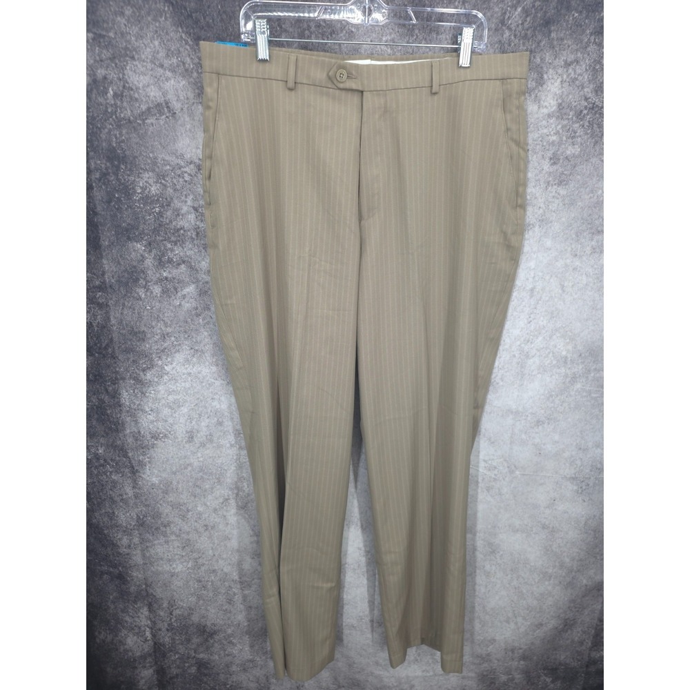 Haggar Dress Pants Mens 36 X 32 Beige Pinstripe Invisible Flex Waistband New